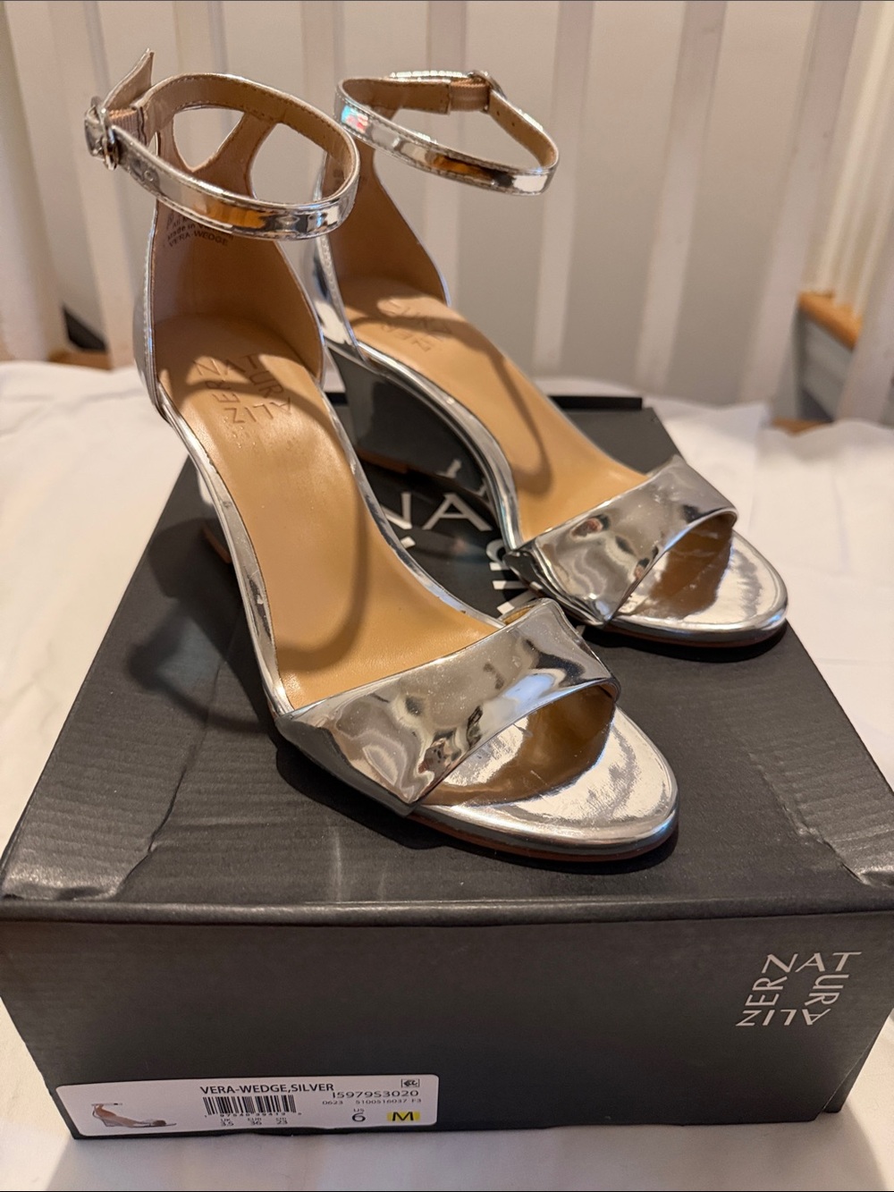 Naturalizer Silver Metallic Ankle-Strap Wedge Sandals